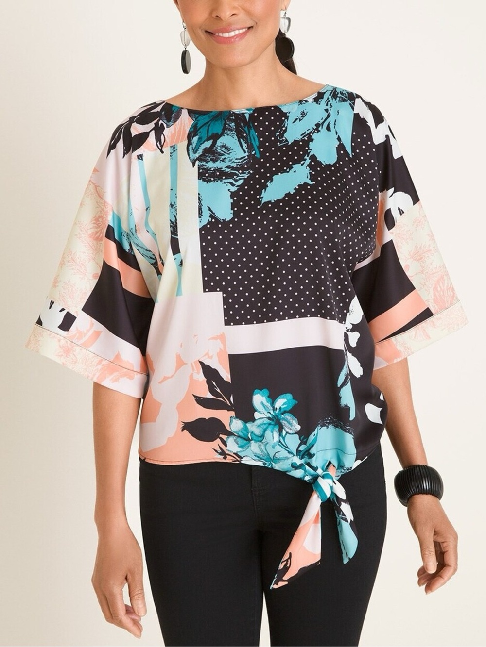 Chicos Kimono Sleeve Tie Waist Tunic Blouse Multicolor Printed size 2